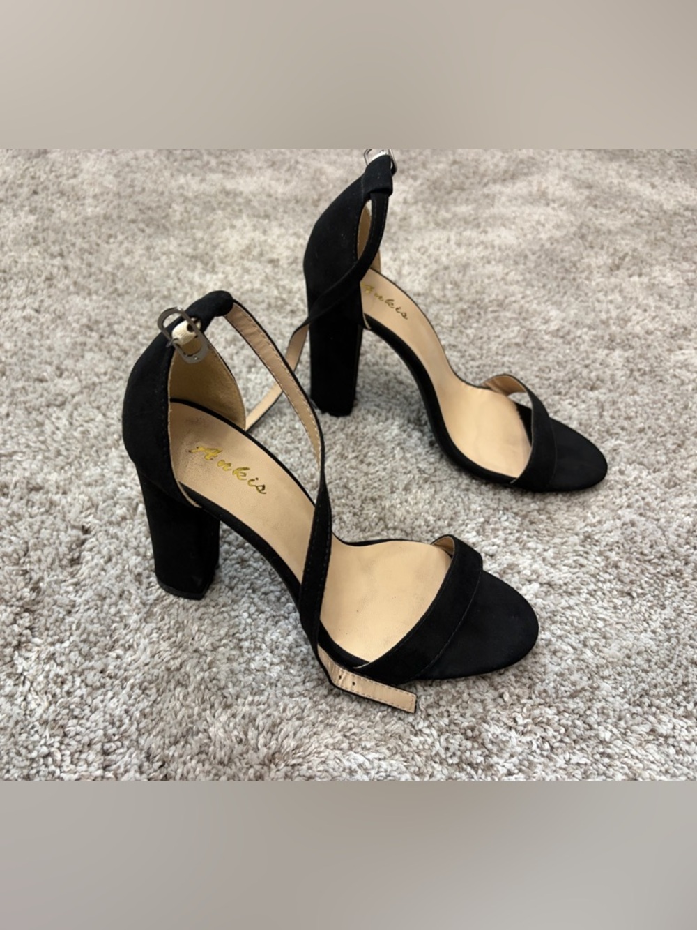 Black Suede Open-Toe Ankle Strap Block Heels
